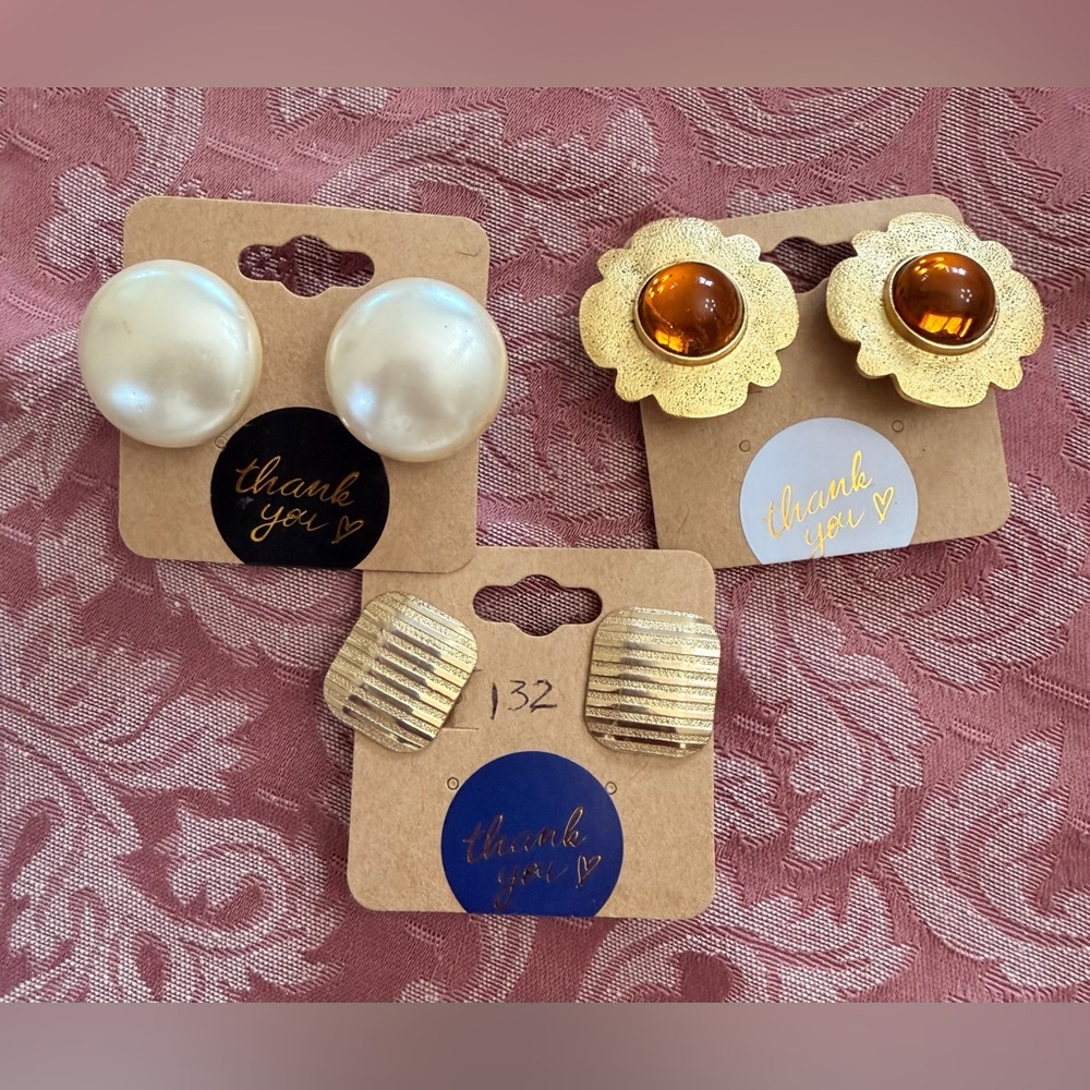 Gold Flower Earrings with Amber Center — Unbranded clip-on earrings
